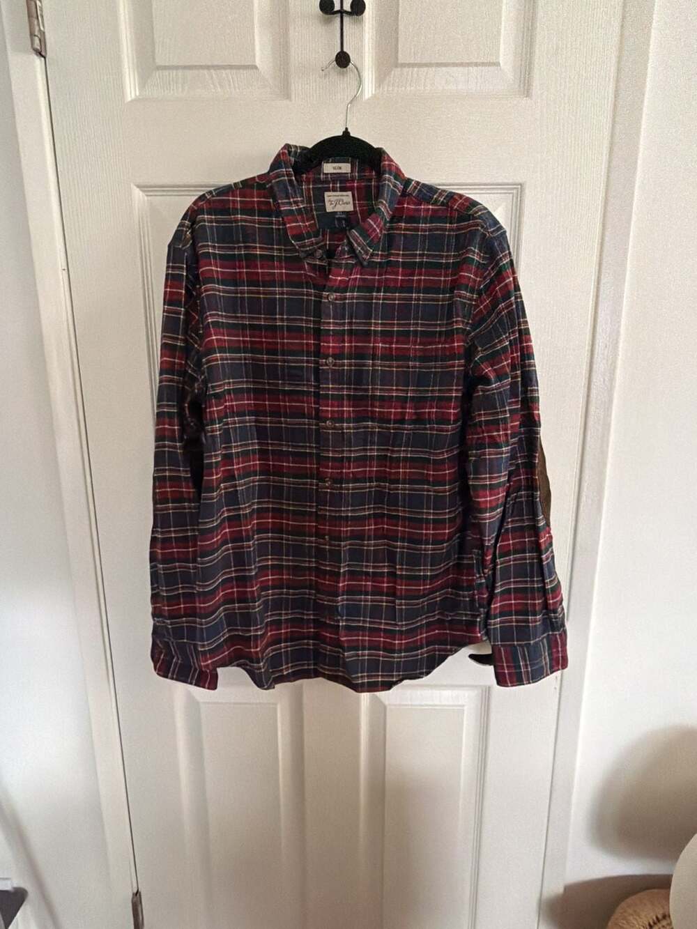 J.Crew Plaid Flannel Shirt Size XL Slim Elbow Patches Tartan Red Green
